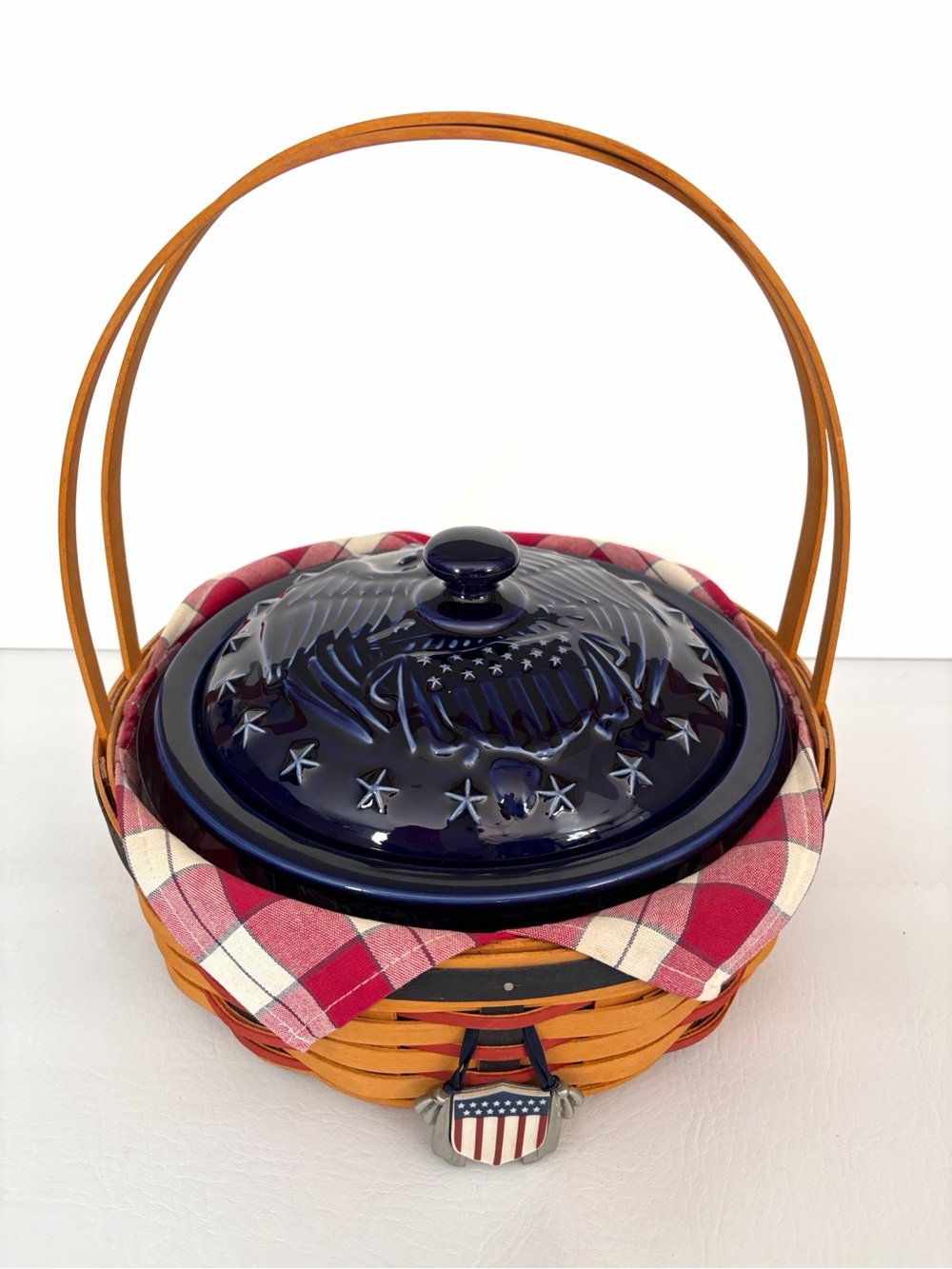 Longaberger Pottery American Eagle Cobalt Blue Covered Casserole Dish w/ Basket